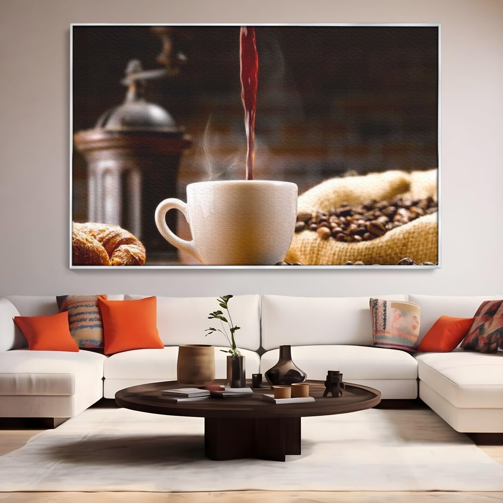 Leinwand Premium Canvas Wall Art, LuxCanva® N1058, Perfekte Tropfen, Kaffee, Espresso, Bohnen, Tasse, Dampf, Aroma, Intensität, Morgen, Café, Kneipe, Lounge, Bar, Restaurant, Küche