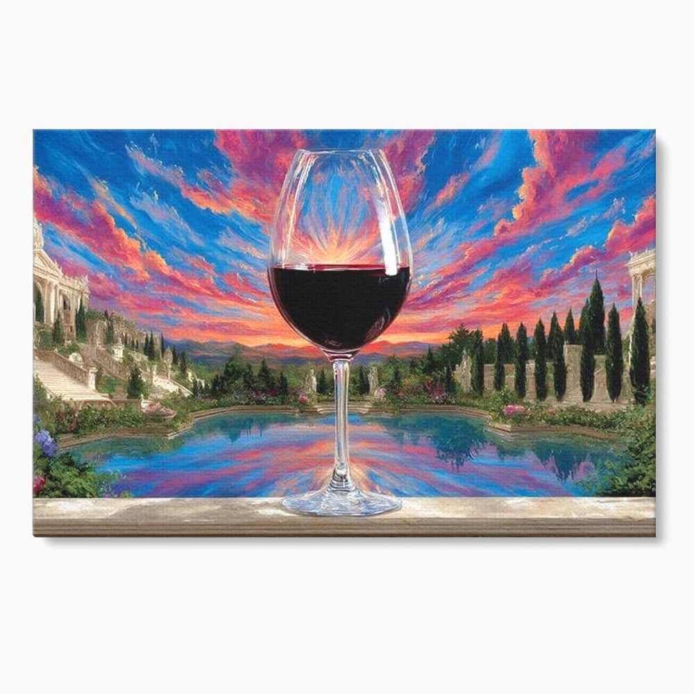 Leinwand Premium Canvas Wall Art, LuxCanva® N1059, Glas der Wünsche, Sonnenuntergang, Rotwein, Getränk, Glas, Denkmal, Architektur, Garten, Blumen, Romantik, Kneipe, Lounge, Bar, Restaurant, Restaurant, Küche