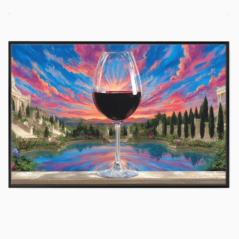 Leinwand Premium Canvas Wall Art, LuxCanva® N1059, Glas der Wünsche, Sonnenuntergang, Rotwein, Getränk, Glas, Denkmal, Architektur, Garten, Blumen, Romantik, Kneipe, Lounge, Bar, Restaurant, Restaurant, Küche