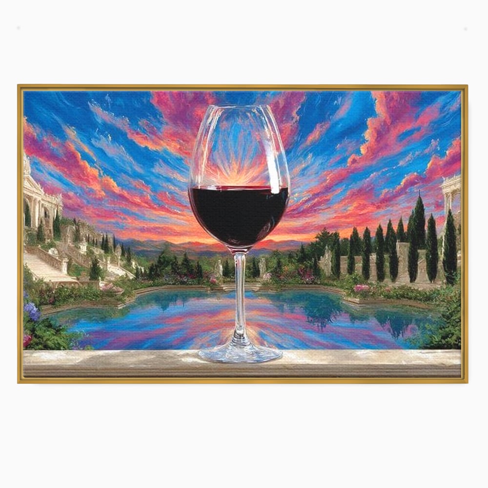 Leinwand Premium Canvas Wall Art, LuxCanva® N1059, Glas der Wünsche, Sonnenuntergang, Rotwein, Getränk, Glas, Denkmal, Architektur, Garten, Blumen, Romantik, Kneipe, Lounge, Bar, Restaurant, Restaurant, Küche