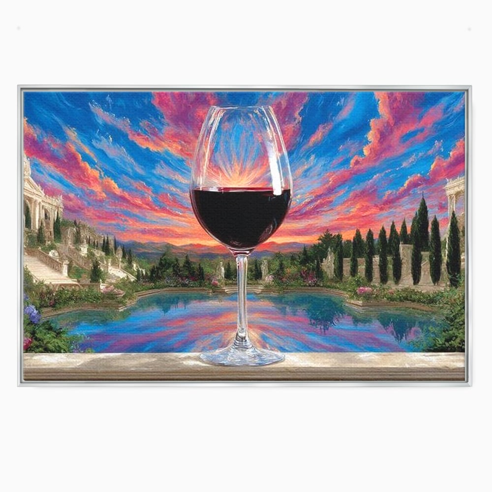Leinwand Premium Canvas Wall Art, LuxCanva® N1059, Glas der Wünsche, Sonnenuntergang, Rotwein, Getränk, Glas, Denkmal, Architektur, Garten, Blumen, Romantik, Kneipe, Lounge, Bar, Restaurant, Restaurant, Küche
