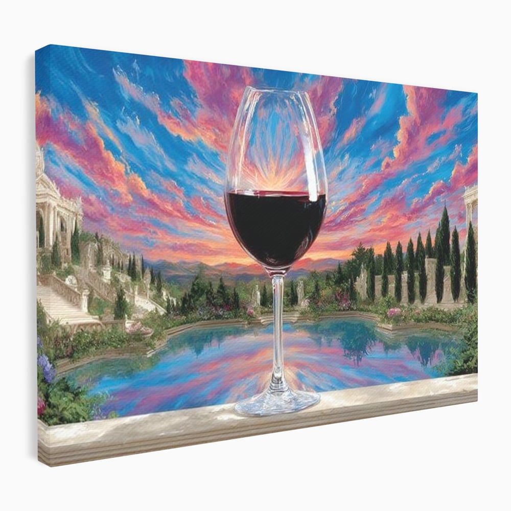 Leinwand Premium Canvas Wall Art, LuxCanva® N1059, Glas der Wünsche, Sonnenuntergang, Rotwein, Getränk, Glas, Denkmal, Architektur, Garten, Blumen, Romantik, Kneipe, Lounge, Bar, Restaurant, Restaurant, Küche