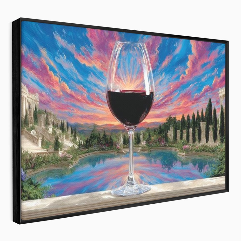 Leinwand Premium Canvas Wall Art, LuxCanva® N1059, Glas der Wünsche, Sonnenuntergang, Rotwein, Getränk, Glas, Denkmal, Architektur, Garten, Blumen, Romantik, Kneipe, Lounge, Bar, Restaurant, Restaurant, Küche