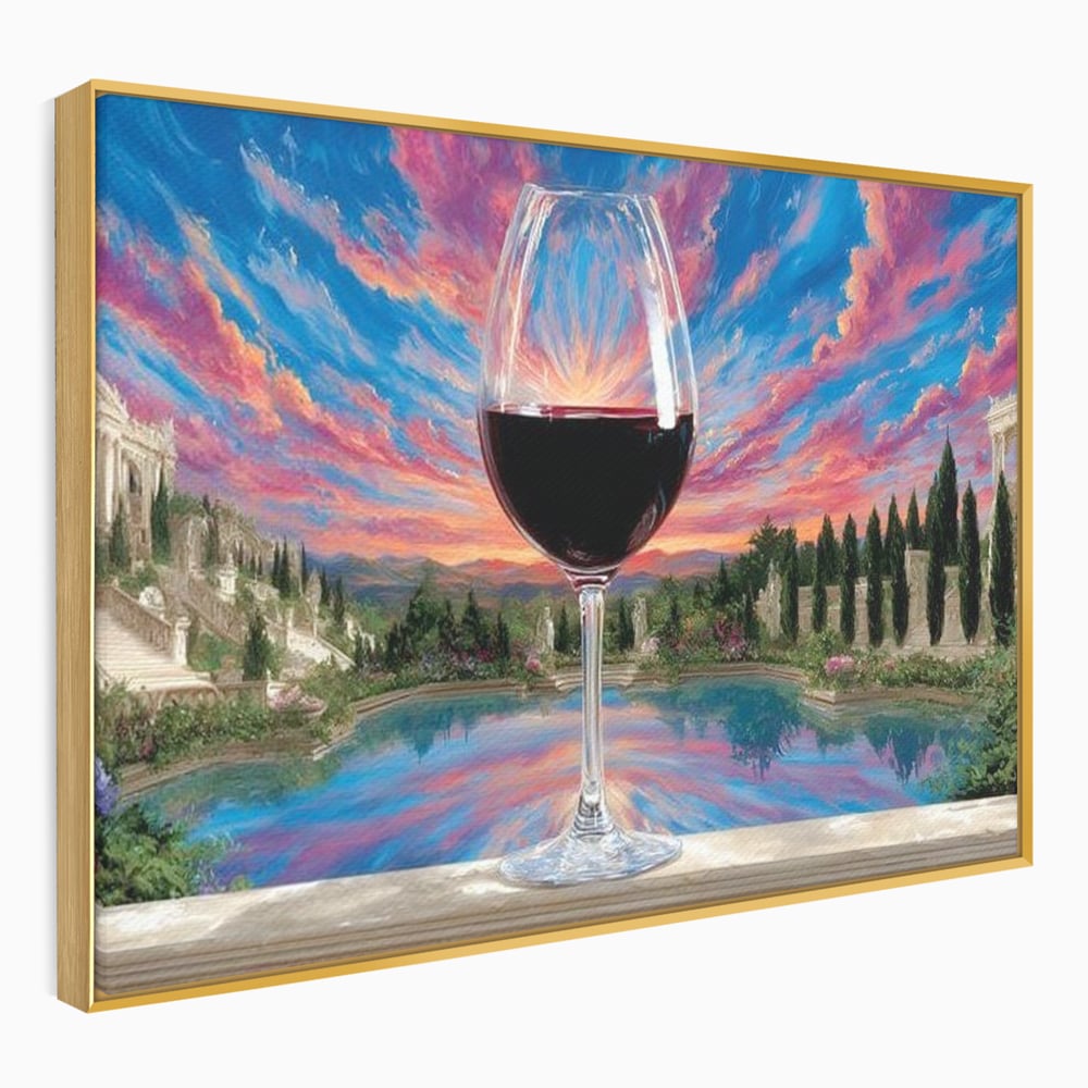 Leinwand Premium Canvas Wall Art, LuxCanva® N1059, Glas der Wünsche, Sonnenuntergang, Rotwein, Getränk, Glas, Denkmal, Architektur, Garten, Blumen, Romantik, Kneipe, Lounge, Bar, Restaurant, Restaurant, Küche
