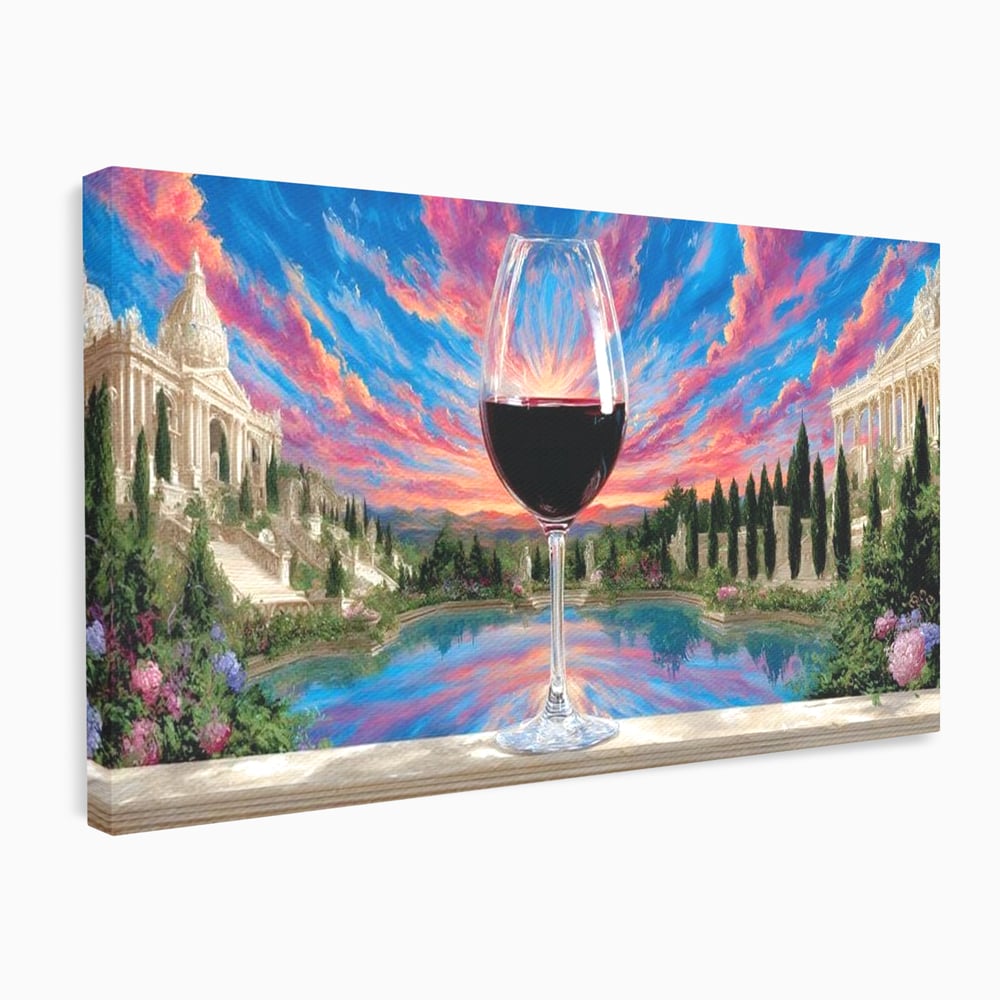 Leinwand Premium Canvas Wall Art, LuxCanva® N1059, Glas der Wünsche, Sonnenuntergang, Rotwein, Getränk, Glas, Denkmal, Architektur, Garten, Blumen, Romantik, Kneipe, Lounge, Bar, Restaurant, Restaurant, Küche