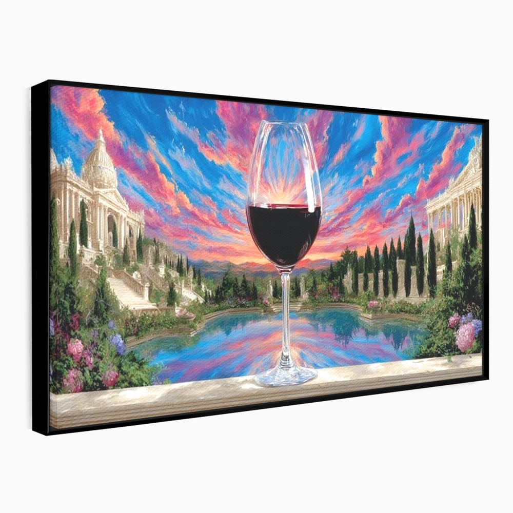 Leinwand Premium Canvas Wall Art, LuxCanva® N1059, Glas der Wünsche, Sonnenuntergang, Rotwein, Getränk, Glas, Denkmal, Architektur, Garten, Blumen, Romantik, Kneipe, Lounge, Bar, Restaurant, Restaurant, Küche