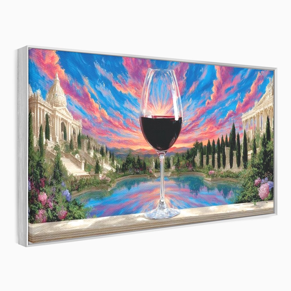 Leinwand Premium Canvas Wall Art, LuxCanva® N1059, Glas der Wünsche, Sonnenuntergang, Rotwein, Getränk, Glas, Denkmal, Architektur, Garten, Blumen, Romantik, Kneipe, Lounge, Bar, Restaurant, Restaurant, Küche