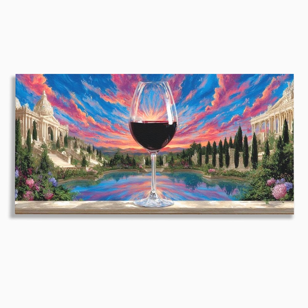 Leinwand Premium Canvas Wall Art, LuxCanva® N1059, Glas der Wünsche, Sonnenuntergang, Rotwein, Getränk, Glas, Denkmal, Architektur, Garten, Blumen, Romantik, Kneipe, Lounge, Bar, Restaurant, Restaurant, Küche
