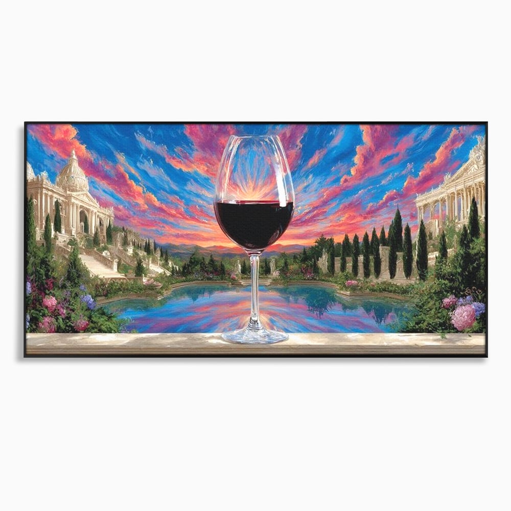 Leinwand Premium Canvas Wall Art, LuxCanva® N1059, Glas der Wünsche, Sonnenuntergang, Rotwein, Getränk, Glas, Denkmal, Architektur, Garten, Blumen, Romantik, Kneipe, Lounge, Bar, Restaurant, Restaurant, Küche