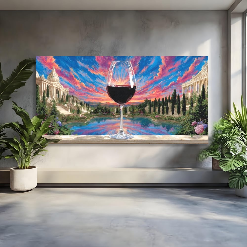 Leinwand Premium Canvas Wall Art, LuxCanva® N1059, Glas der Wünsche, Sonnenuntergang, Rotwein, Getränk, Glas, Denkmal, Architektur, Garten, Blumen, Romantik, Kneipe, Lounge, Bar, Restaurant, Restaurant, Küche