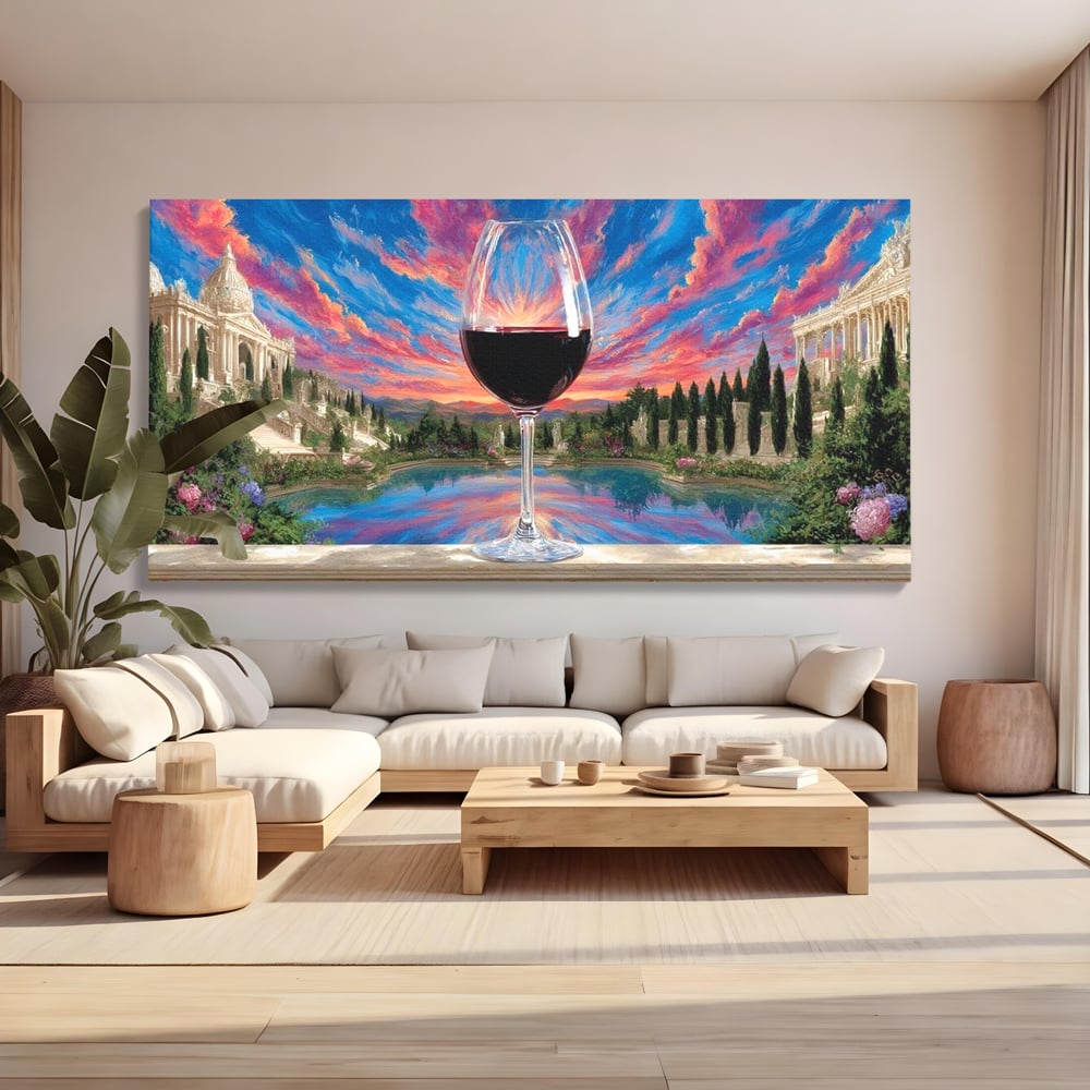 Leinwand Premium Canvas Wall Art, LuxCanva® N1059, Glas der Wünsche, Sonnenuntergang, Rotwein, Getränk, Glas, Denkmal, Architektur, Garten, Blumen, Romantik, Kneipe, Lounge, Bar, Restaurant, Restaurant, Küche