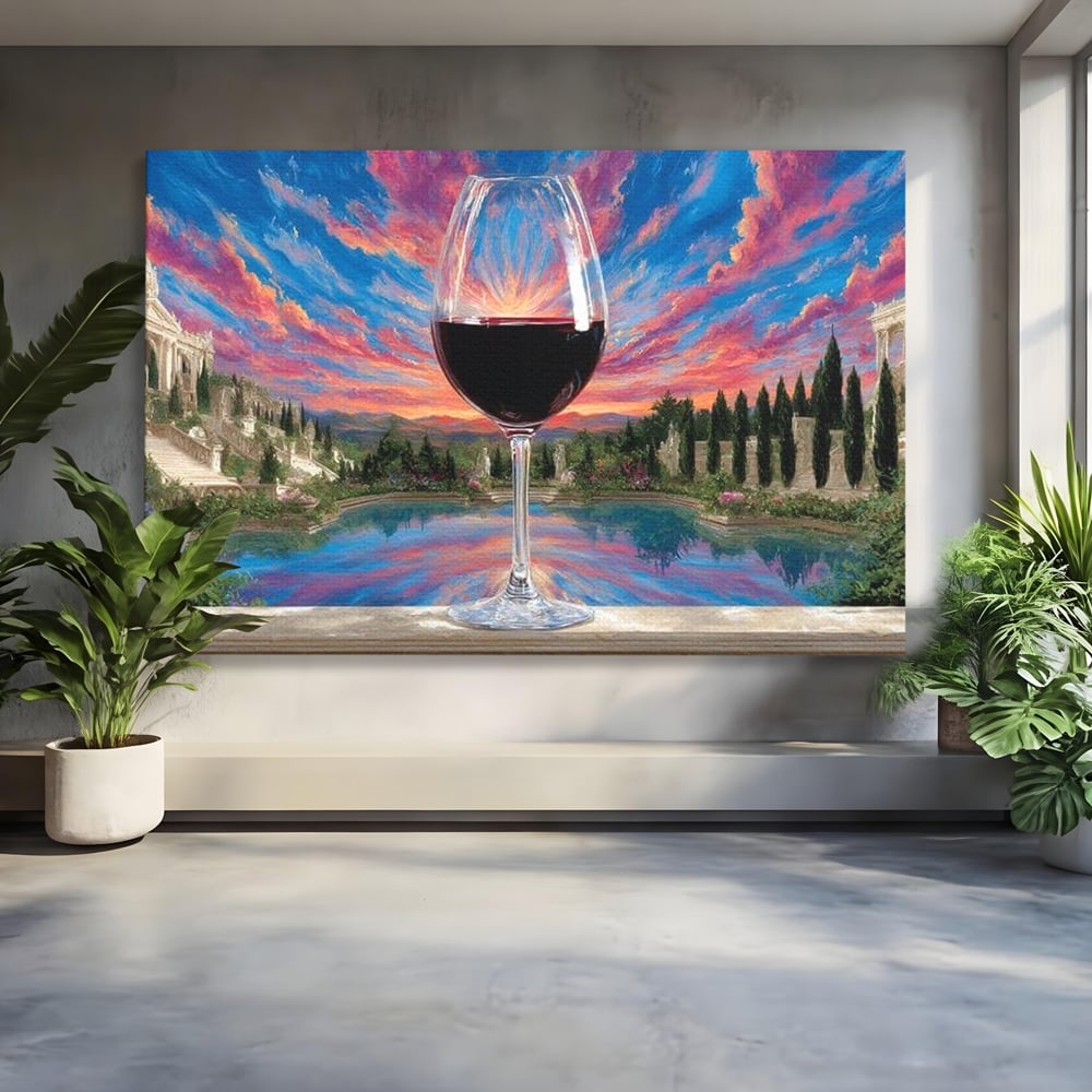 Leinwand Premium Canvas Wall Art, LuxCanva® N1059, Glas der Wünsche, Sonnenuntergang, Rotwein, Getränk, Glas, Denkmal, Architektur, Garten, Blumen, Romantik, Kneipe, Lounge, Bar, Restaurant, Restaurant, Küche