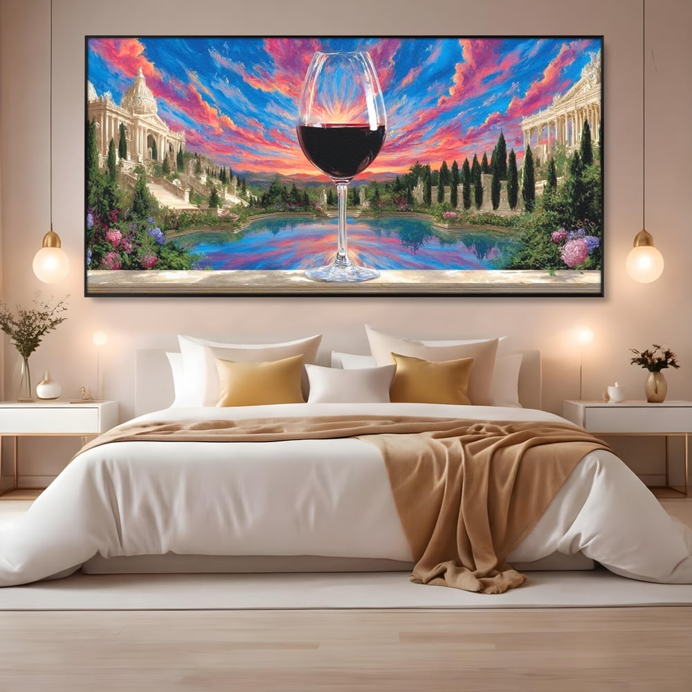 Leinwand Premium Canvas Wall Art, LuxCanva® N1059, Glas der Wünsche, Sonnenuntergang, Rotwein, Getränk, Glas, Denkmal, Architektur, Garten, Blumen, Romantik, Kneipe, Lounge, Bar, Restaurant, Restaurant, Küche