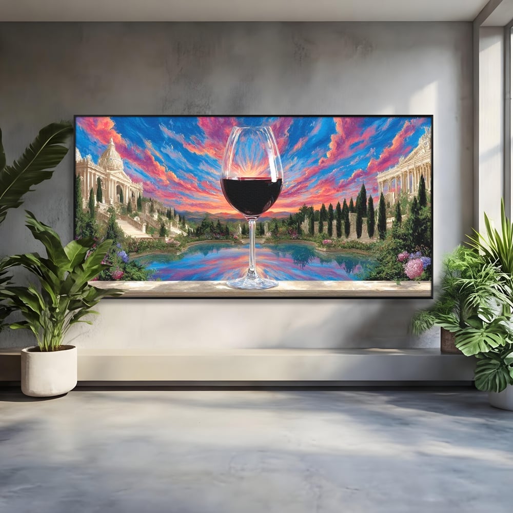 Leinwand Premium Canvas Wall Art, LuxCanva® N1059, Glas der Wünsche, Sonnenuntergang, Rotwein, Getränk, Glas, Denkmal, Architektur, Garten, Blumen, Romantik, Kneipe, Lounge, Bar, Restaurant, Restaurant, Küche