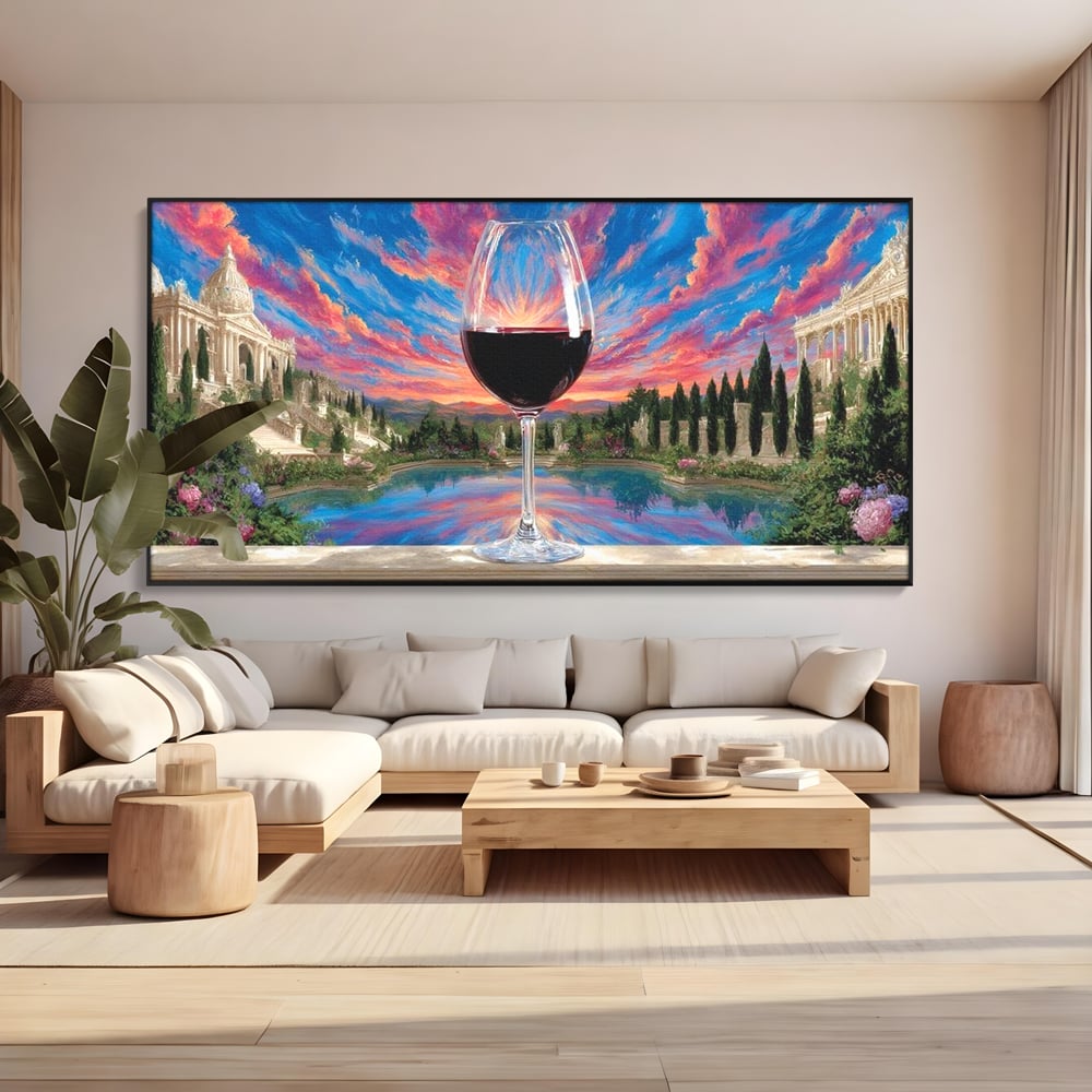 Leinwand Premium Canvas Wall Art, LuxCanva® N1059, Glas der Wünsche, Sonnenuntergang, Rotwein, Getränk, Glas, Denkmal, Architektur, Garten, Blumen, Romantik, Kneipe, Lounge, Bar, Restaurant, Restaurant, Küche