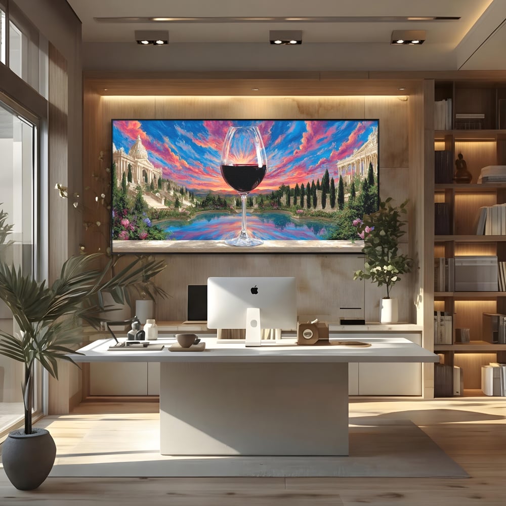 Leinwand Premium Canvas Wall Art, LuxCanva® N1059, Glas der Wünsche, Sonnenuntergang, Rotwein, Getränk, Glas, Denkmal, Architektur, Garten, Blumen, Romantik, Kneipe, Lounge, Bar, Restaurant, Restaurant, Küche