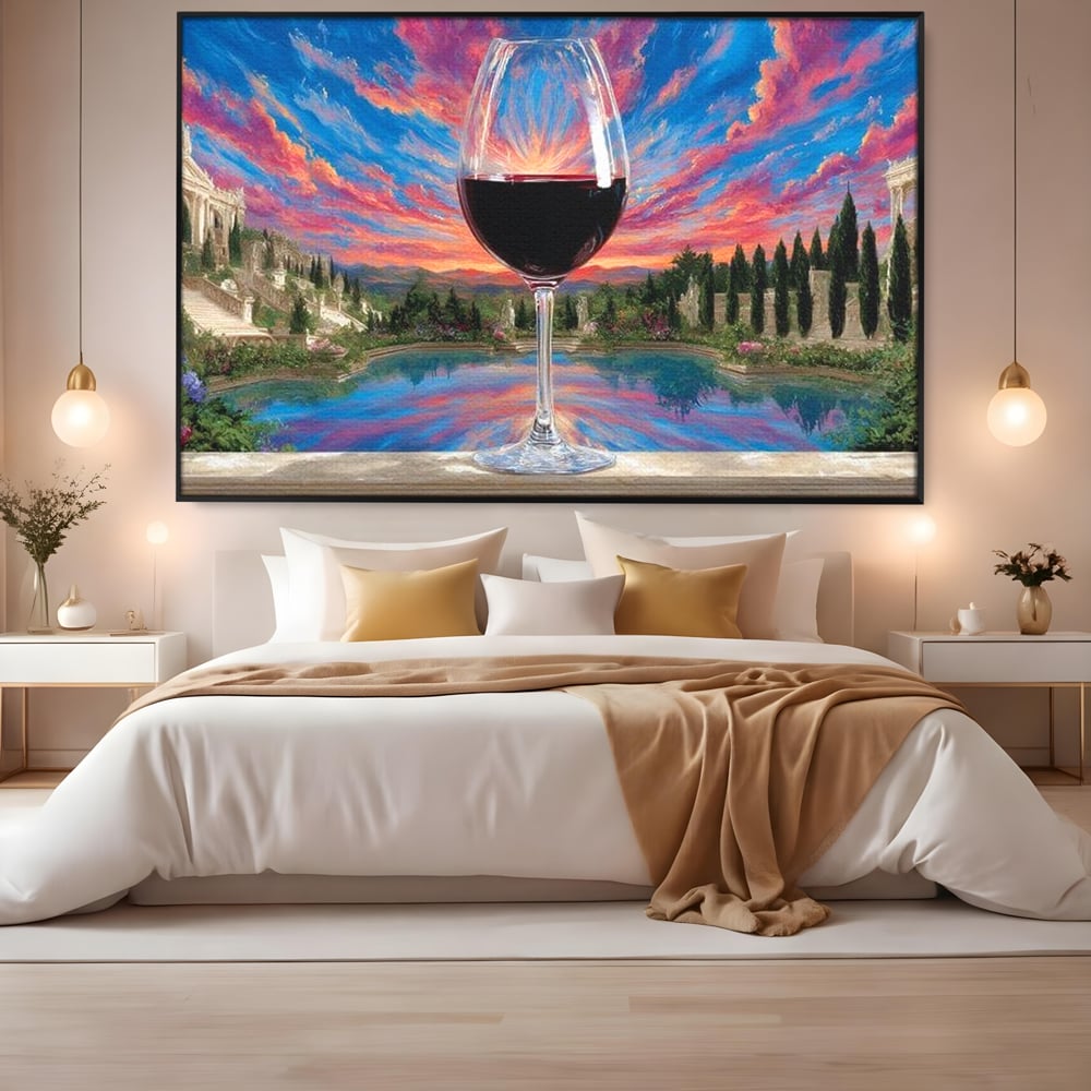 Leinwand Premium Canvas Wall Art, LuxCanva® N1059, Glas der Wünsche, Sonnenuntergang, Rotwein, Getränk, Glas, Denkmal, Architektur, Garten, Blumen, Romantik, Kneipe, Lounge, Bar, Restaurant, Restaurant, Küche