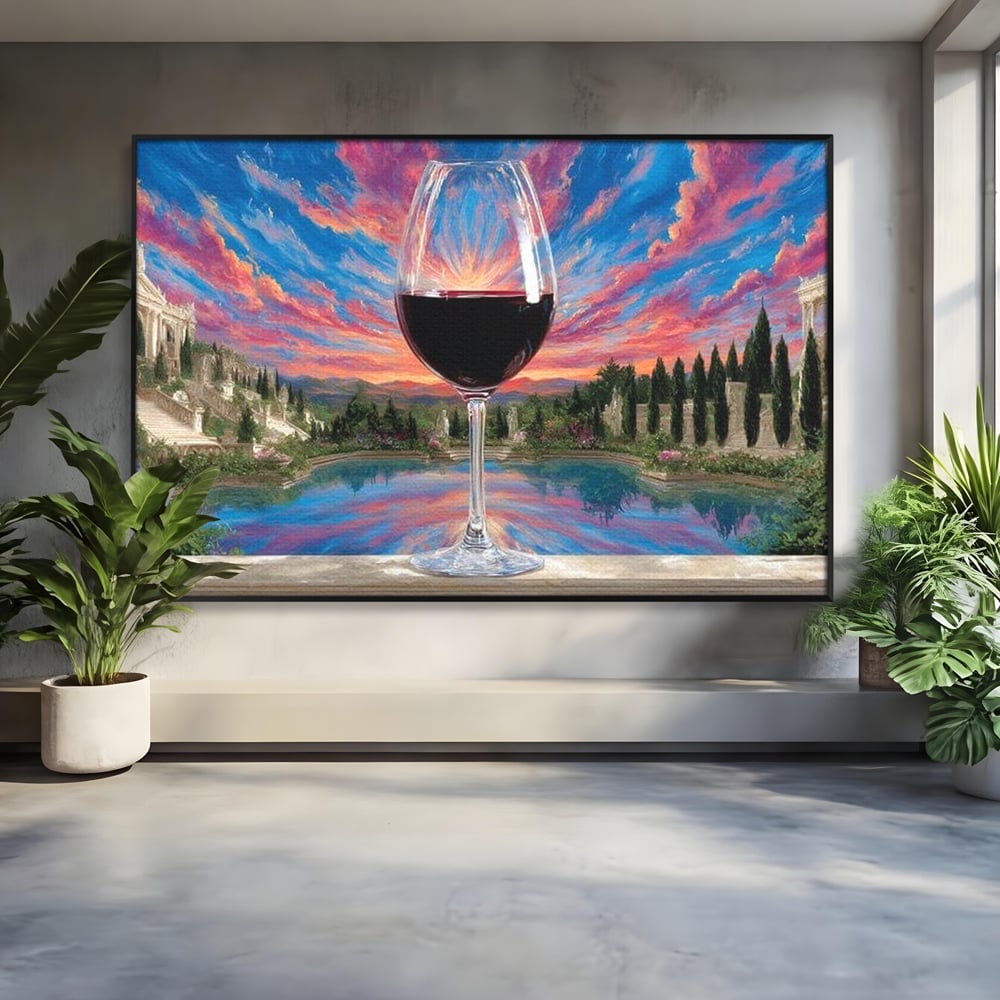 Leinwand Premium Canvas Wall Art, LuxCanva® N1059, Glas der Wünsche, Sonnenuntergang, Rotwein, Getränk, Glas, Denkmal, Architektur, Garten, Blumen, Romantik, Kneipe, Lounge, Bar, Restaurant, Restaurant, Küche