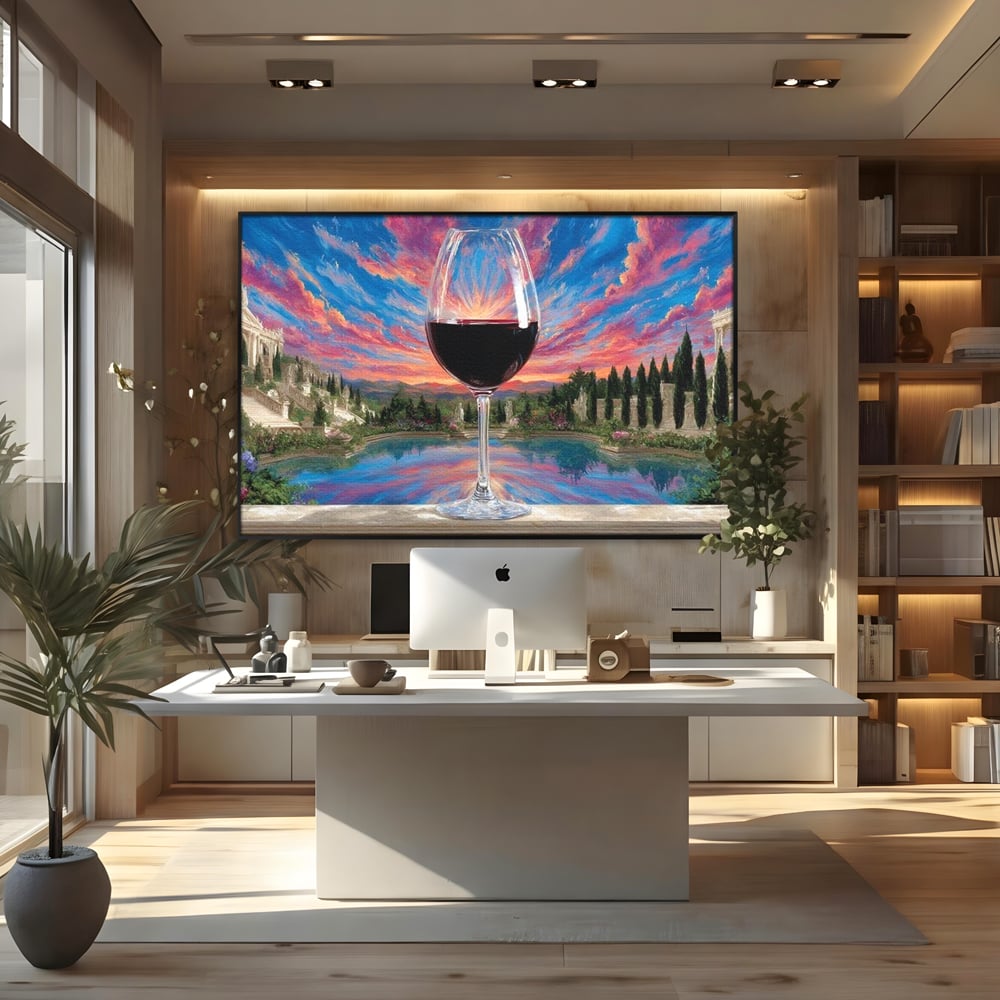 Leinwand Premium Canvas Wall Art, LuxCanva® N1059, Glas der Wünsche, Sonnenuntergang, Rotwein, Getränk, Glas, Denkmal, Architektur, Garten, Blumen, Romantik, Kneipe, Lounge, Bar, Restaurant, Restaurant, Küche