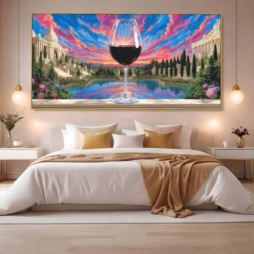 Leinwand Premium Canvas Wall Art, LuxCanva® N1059, Glas der Wünsche, Sonnenuntergang, Rotwein, Getränk, Glas, Denkmal, Architektur, Garten, Blumen, Romantik, Kneipe, Lounge, Bar, Restaurant, Restaurant, Küche