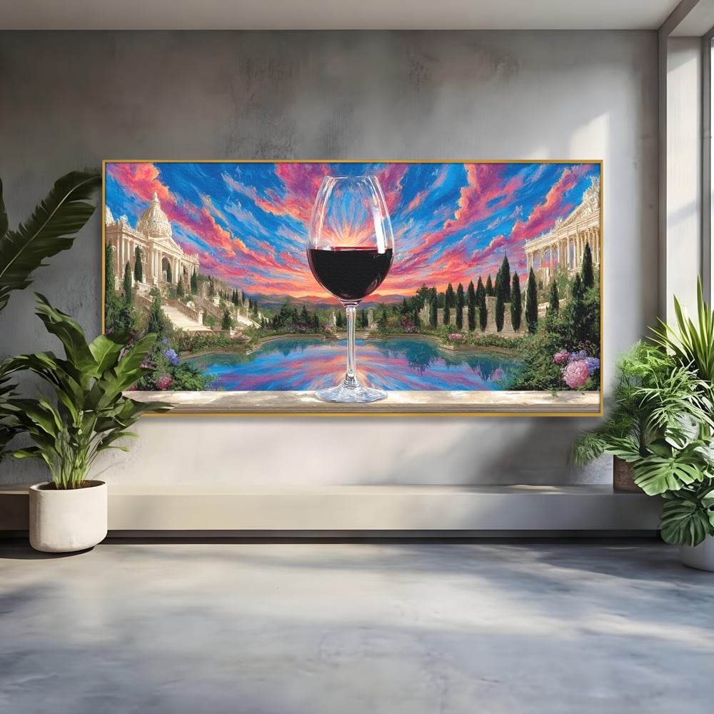 Leinwand Premium Canvas Wall Art, LuxCanva® N1059, Glas der Wünsche, Sonnenuntergang, Rotwein, Getränk, Glas, Denkmal, Architektur, Garten, Blumen, Romantik, Kneipe, Lounge, Bar, Restaurant, Restaurant, Küche
