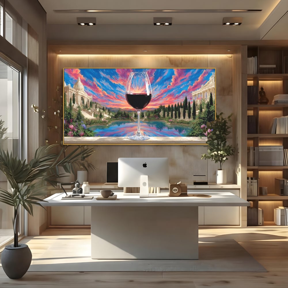 Leinwand Premium Canvas Wall Art, LuxCanva® N1059, Glas der Wünsche, Sonnenuntergang, Rotwein, Getränk, Glas, Denkmal, Architektur, Garten, Blumen, Romantik, Kneipe, Lounge, Bar, Restaurant, Restaurant, Küche