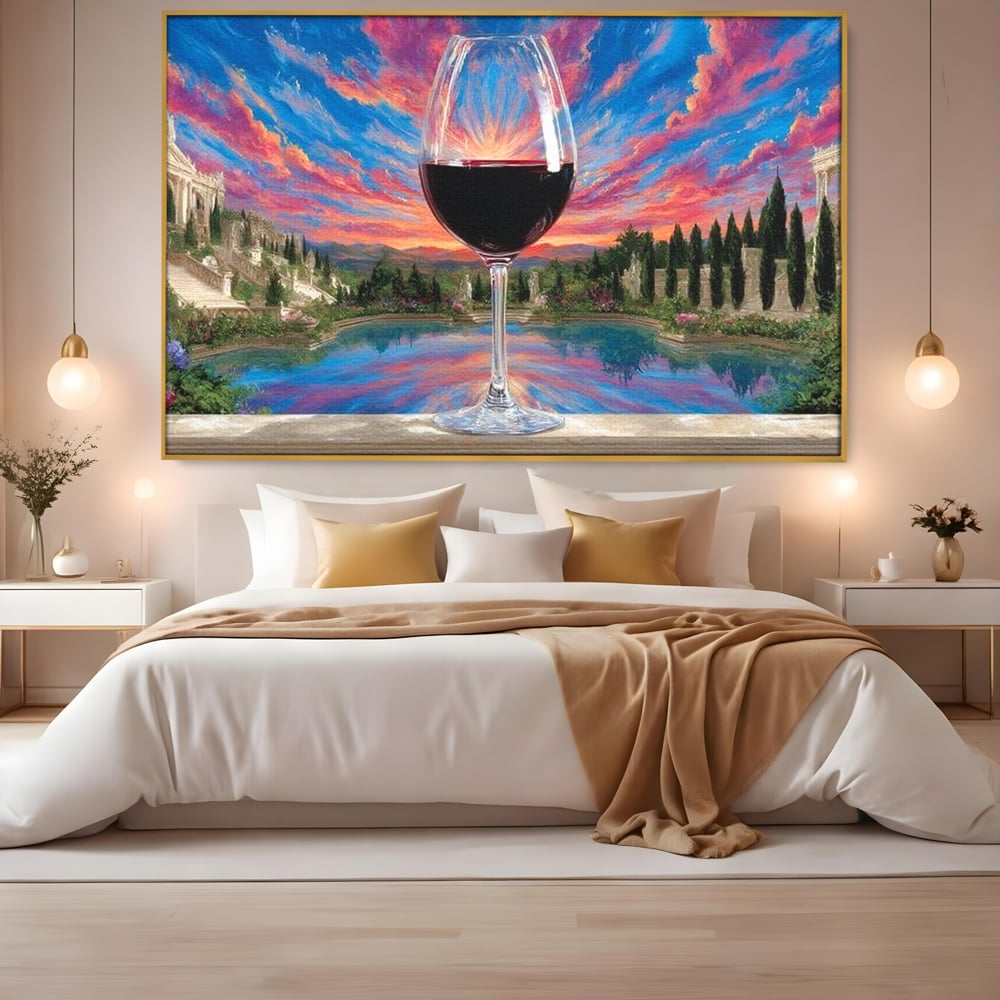 Leinwand Premium Canvas Wall Art, LuxCanva® N1059, Glas der Wünsche, Sonnenuntergang, Rotwein, Getränk, Glas, Denkmal, Architektur, Garten, Blumen, Romantik, Kneipe, Lounge, Bar, Restaurant, Restaurant, Küche