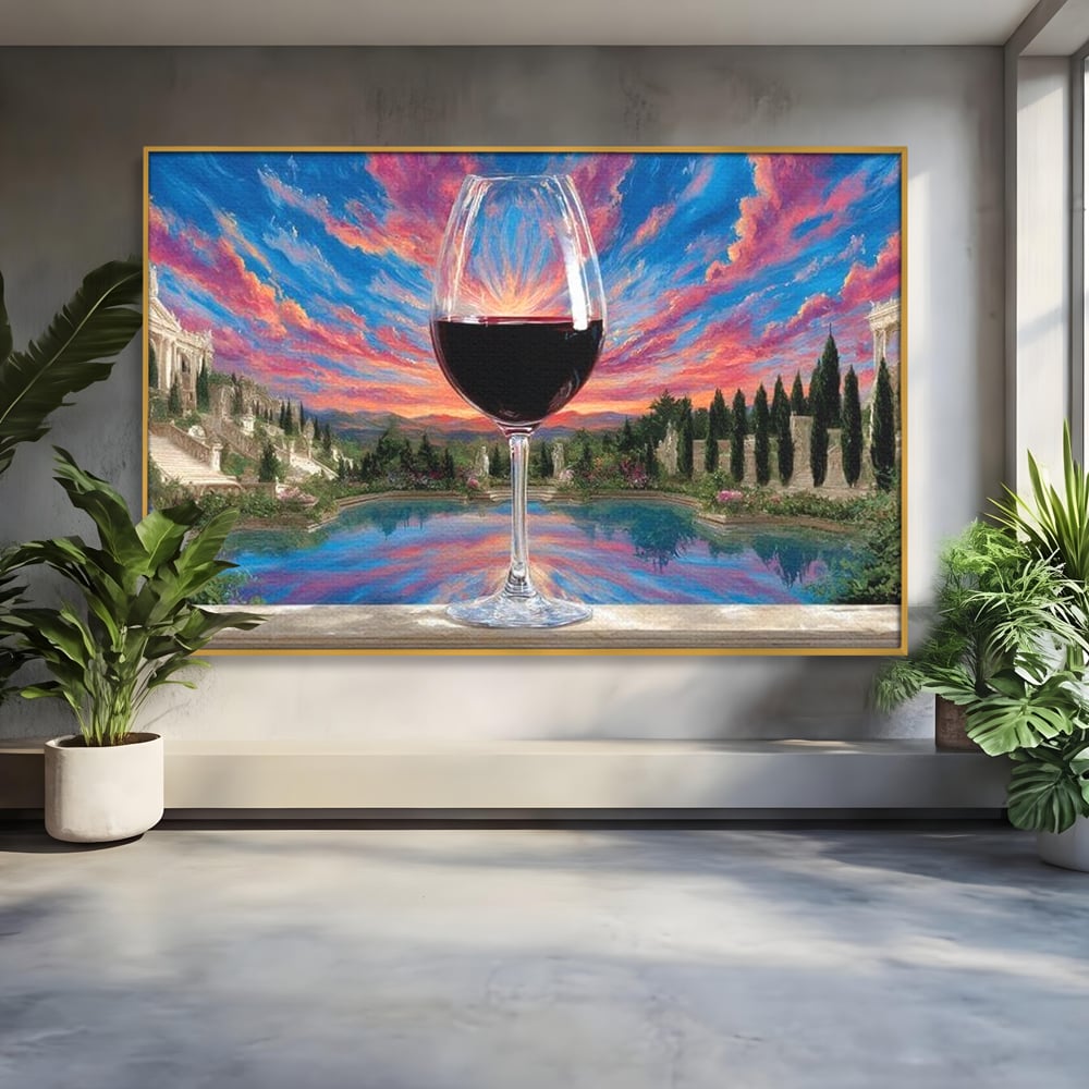 Leinwand Premium Canvas Wall Art, LuxCanva® N1059, Glas der Wünsche, Sonnenuntergang, Rotwein, Getränk, Glas, Denkmal, Architektur, Garten, Blumen, Romantik, Kneipe, Lounge, Bar, Restaurant, Restaurant, Küche