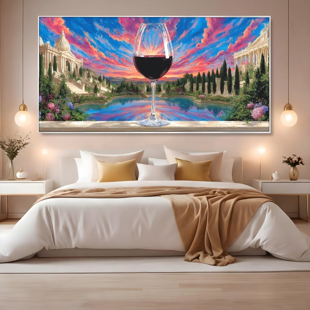 Leinwand Premium Canvas Wall Art, LuxCanva® N1059, Glas der Wünsche, Sonnenuntergang, Rotwein, Getränk, Glas, Denkmal, Architektur, Garten, Blumen, Romantik, Kneipe, Lounge, Bar, Restaurant, Restaurant, Küche