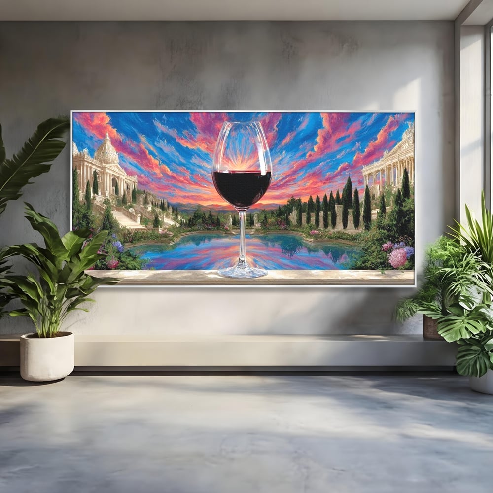 Leinwand Premium Canvas Wall Art, LuxCanva® N1059, Glas der Wünsche, Sonnenuntergang, Rotwein, Getränk, Glas, Denkmal, Architektur, Garten, Blumen, Romantik, Kneipe, Lounge, Bar, Restaurant, Restaurant, Küche