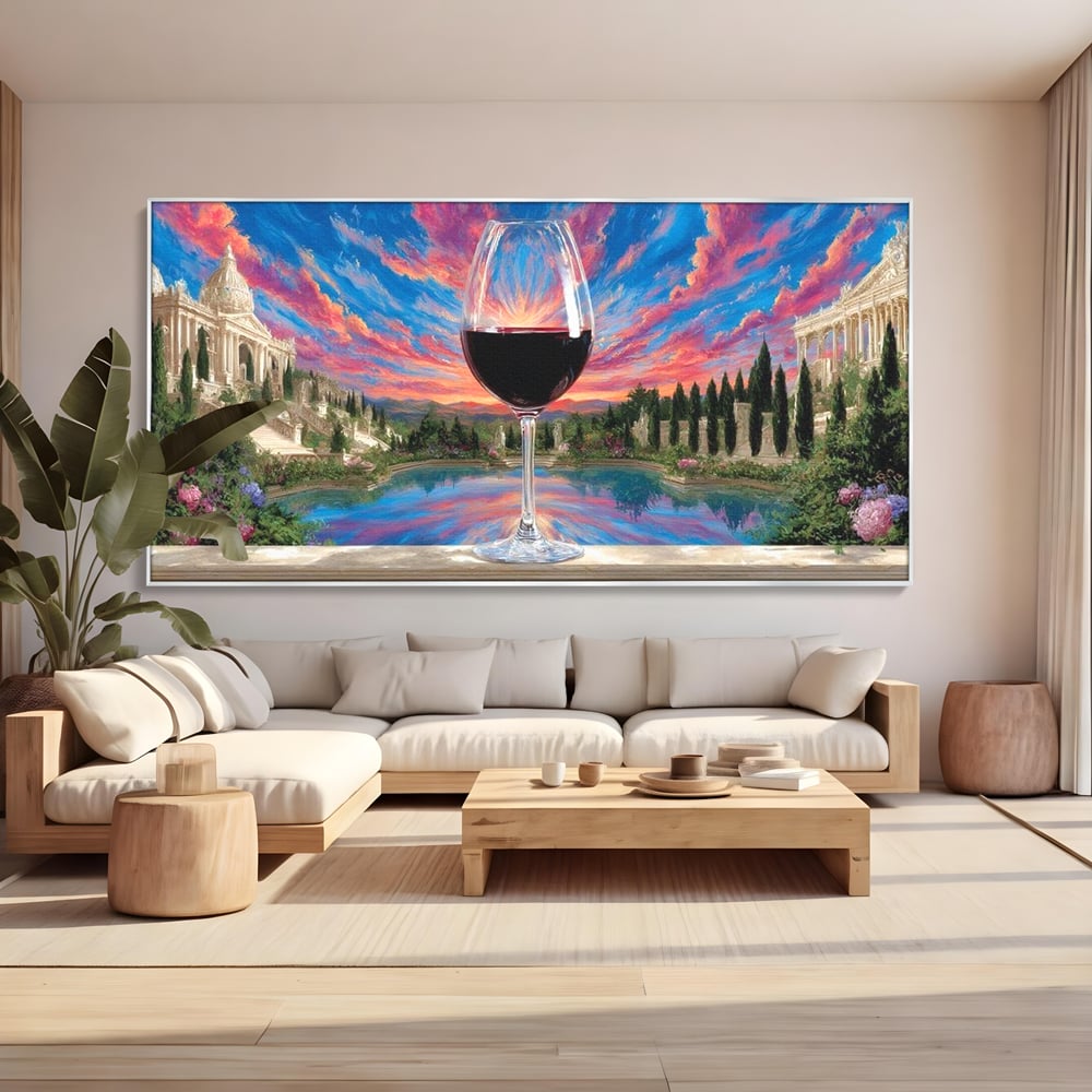 Leinwand Premium Canvas Wall Art, LuxCanva® N1059, Glas der Wünsche, Sonnenuntergang, Rotwein, Getränk, Glas, Denkmal, Architektur, Garten, Blumen, Romantik, Kneipe, Lounge, Bar, Restaurant, Restaurant, Küche