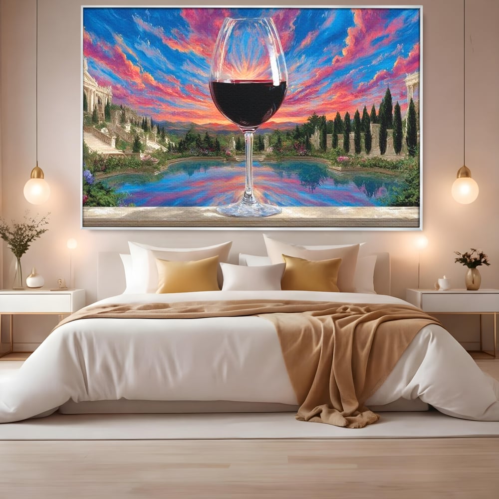Leinwand Premium Canvas Wall Art, LuxCanva® N1059, Glas der Wünsche, Sonnenuntergang, Rotwein, Getränk, Glas, Denkmal, Architektur, Garten, Blumen, Romantik, Kneipe, Lounge, Bar, Restaurant, Restaurant, Küche