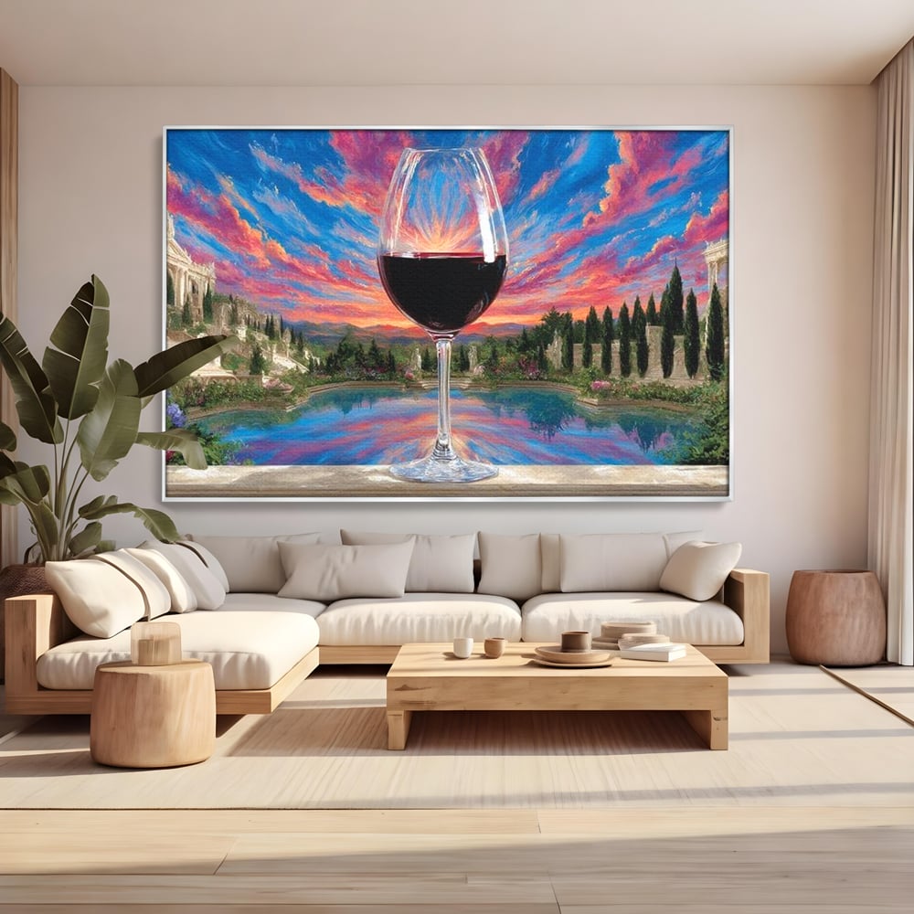 Leinwand Premium Canvas Wall Art, LuxCanva® N1059, Glas der Wünsche, Sonnenuntergang, Rotwein, Getränk, Glas, Denkmal, Architektur, Garten, Blumen, Romantik, Kneipe, Lounge, Bar, Restaurant, Restaurant, Küche