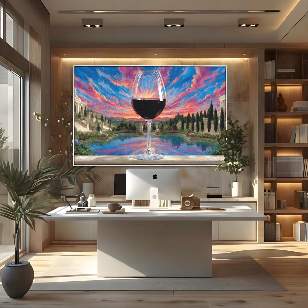 Leinwand Premium Canvas Wall Art, LuxCanva® N1059, Glas der Wünsche, Sonnenuntergang, Rotwein, Getränk, Glas, Denkmal, Architektur, Garten, Blumen, Romantik, Kneipe, Lounge, Bar, Restaurant, Restaurant, Küche