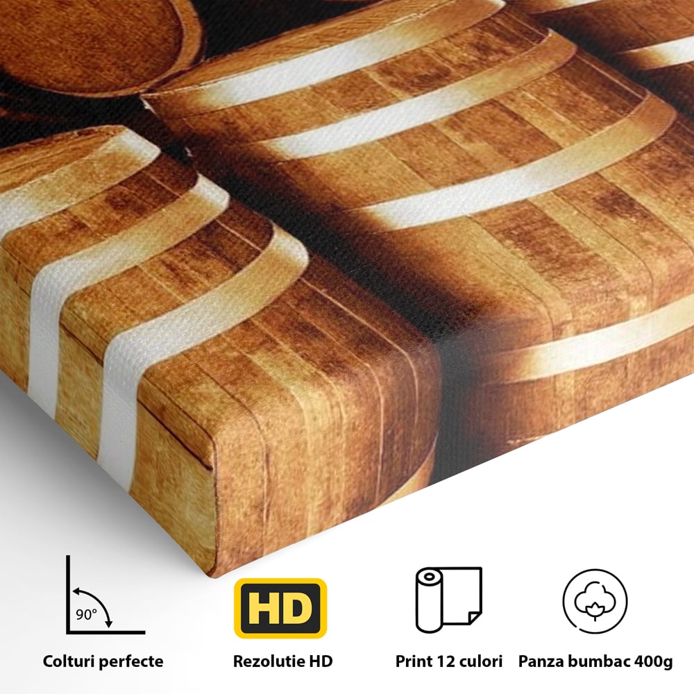 Tablou Canvas Premium, LuxCanva® N1063, Umbrele Cramei, Vin, Butoaie, Lemn, Bautura, Rustic, Traditional, Vintage, Crama, Degustare, Pivnita, Pub, Bar, Restaurant, Bucatarie