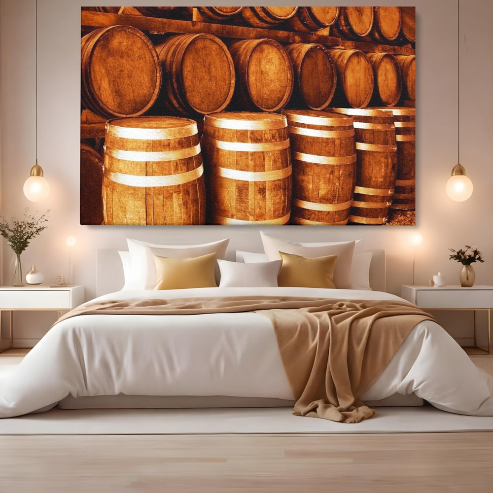 Tablou Canvas Premium, LuxCanva® N1063, Umbrele Cramei, Vin, Butoaie, Lemn, Bautura, Rustic, Traditional, Vintage, Crama, Degustare, Pivnita, Pub, Bar, Restaurant, Bucatarie