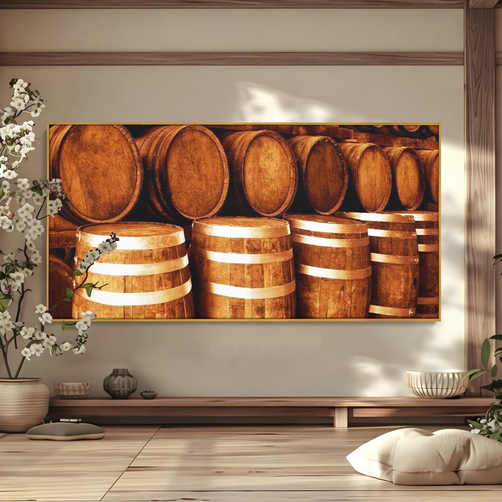 Tablou Canvas Premium, LuxCanva® N1063, Umbrele Cramei, Vin, Butoaie, Lemn, Bautura, Rustic, Traditional, Vintage, Crama, Degustare, Pivnita, Pub, Bar, Restaurant, Bucatarie