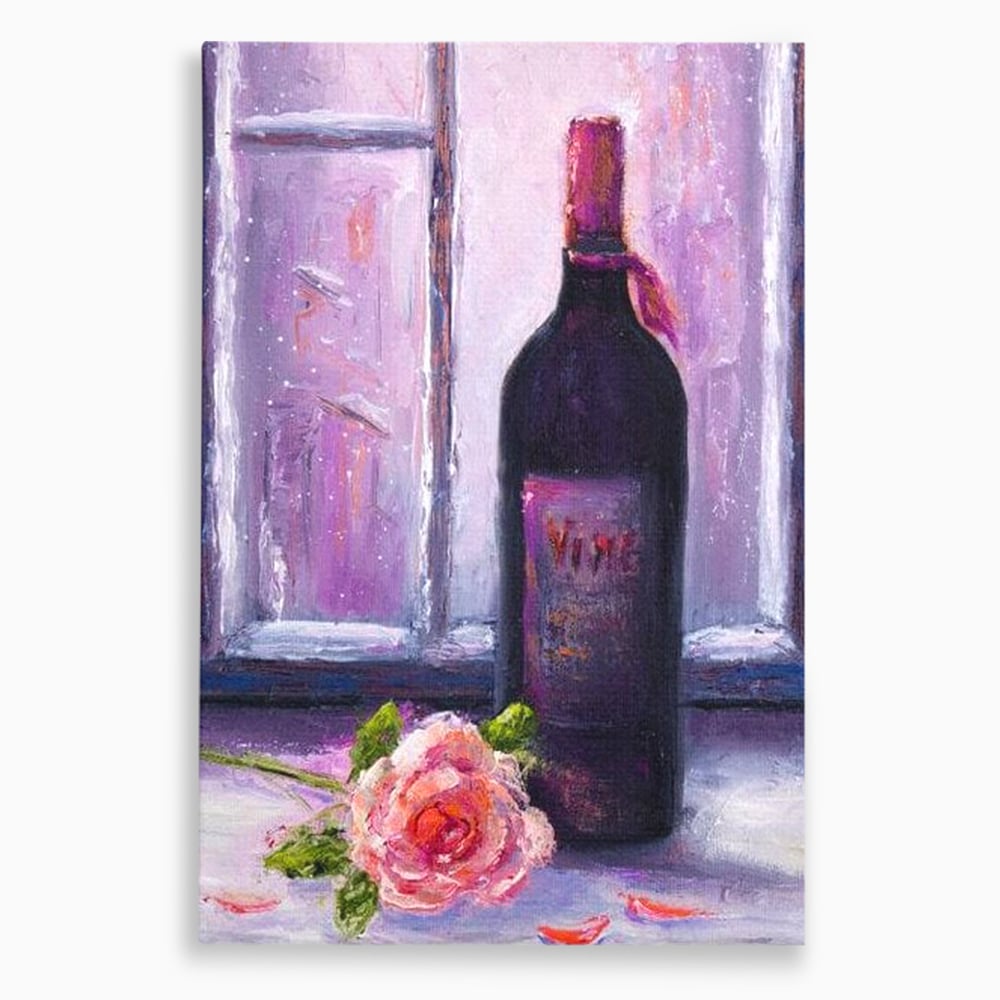 Leinwand Wandkunst Canvas Premium, LuxCanva® N1065, Ein romantischer Abend, Rose, Blume, Blütenblätter, Glas, Wein, Fenster, Fenster, Parfüm, Atmosphäre, Kneipe, Lounge, Bar, Restaurant, Küche
