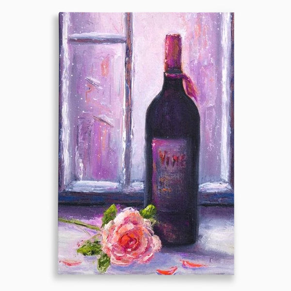 Leinwand Wandkunst Canvas Premium, LuxCanva® N1065, Ein romantischer Abend, Rose, Blume, Blütenblätter, Glas, Wein, Fenster, Fenster, Parfüm, Atmosphäre, Kneipe, Lounge, Bar, Restaurant, Küche