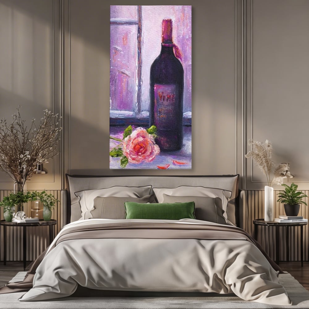 Leinwand Wandkunst Canvas Premium, LuxCanva® N1065, Ein romantischer Abend, Rose, Blume, Blütenblätter, Glas, Wein, Fenster, Fenster, Parfüm, Atmosphäre, Kneipe, Lounge, Bar, Restaurant, Küche