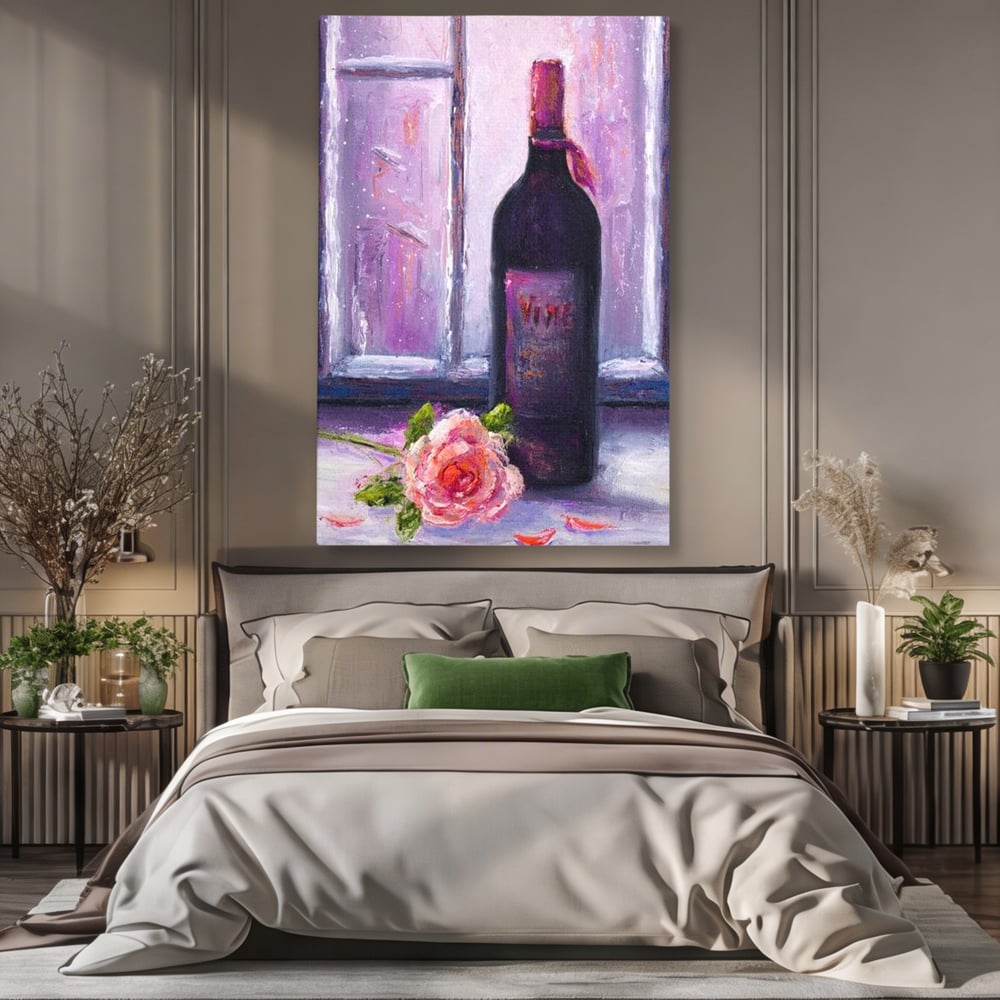 Leinwand Wandkunst Canvas Premium, LuxCanva® N1065, Ein romantischer Abend, Rose, Blume, Blütenblätter, Glas, Wein, Fenster, Fenster, Parfüm, Atmosphäre, Kneipe, Lounge, Bar, Restaurant, Küche