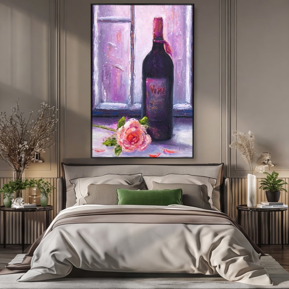 Leinwand Wandkunst Canvas Premium, LuxCanva® N1065, Ein romantischer Abend, Rose, Blume, Blütenblätter, Glas, Wein, Fenster, Fenster, Parfüm, Atmosphäre, Kneipe, Lounge, Bar, Restaurant, Küche