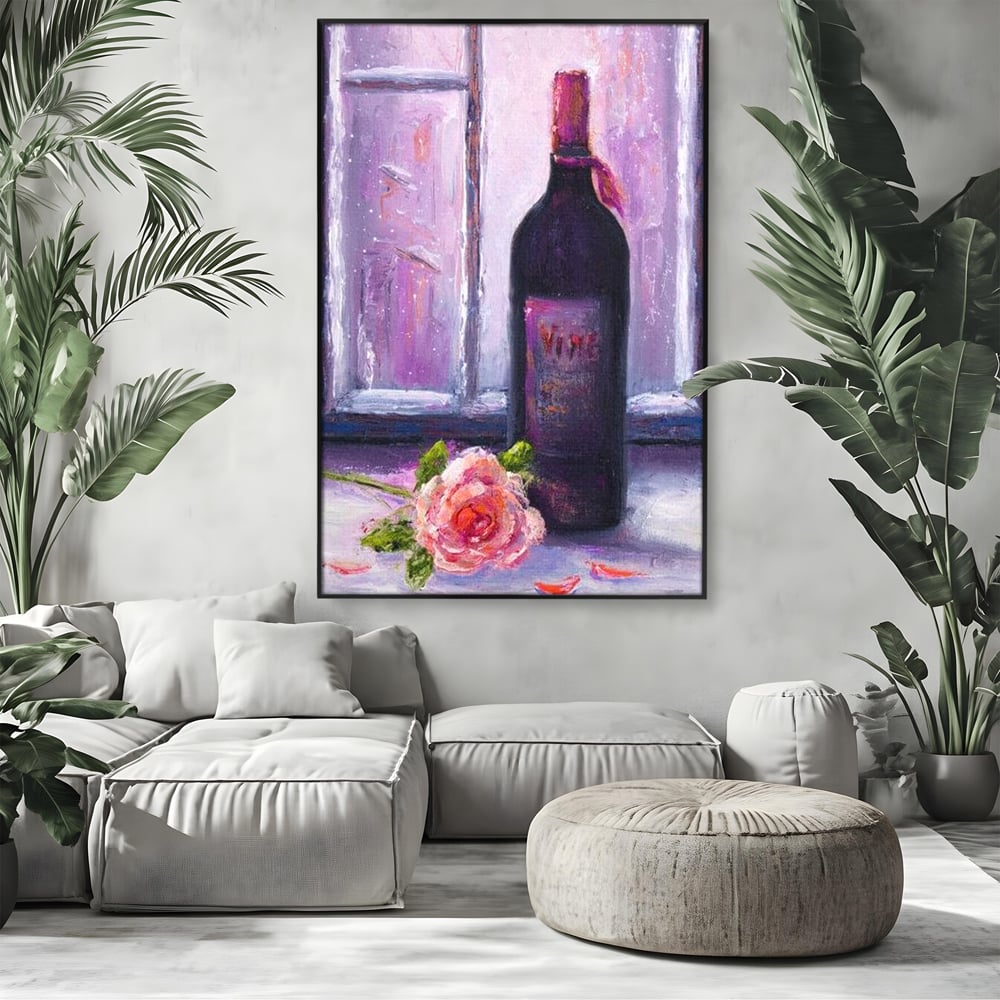 Leinwand Wandkunst Canvas Premium, LuxCanva® N1065, Ein romantischer Abend, Rose, Blume, Blütenblätter, Glas, Wein, Fenster, Fenster, Parfüm, Atmosphäre, Kneipe, Lounge, Bar, Restaurant, Küche