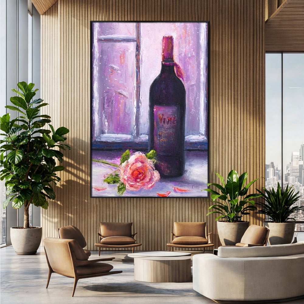 Leinwand Wandkunst Canvas Premium, LuxCanva® N1065, Ein romantischer Abend, Rose, Blume, Blütenblätter, Glas, Wein, Fenster, Fenster, Parfüm, Atmosphäre, Kneipe, Lounge, Bar, Restaurant, Küche