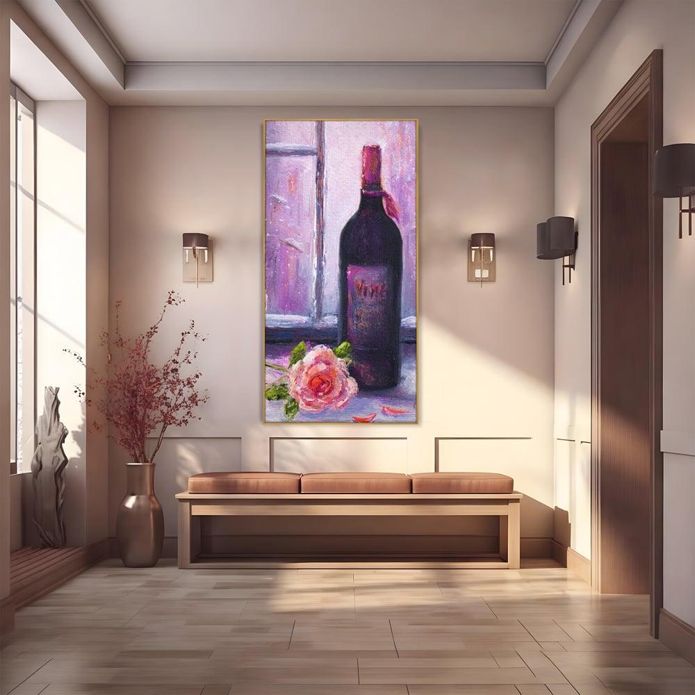 Leinwand Wandkunst Canvas Premium, LuxCanva® N1065, Ein romantischer Abend, Rose, Blume, Blütenblätter, Glas, Wein, Fenster, Fenster, Parfüm, Atmosphäre, Kneipe, Lounge, Bar, Restaurant, Küche