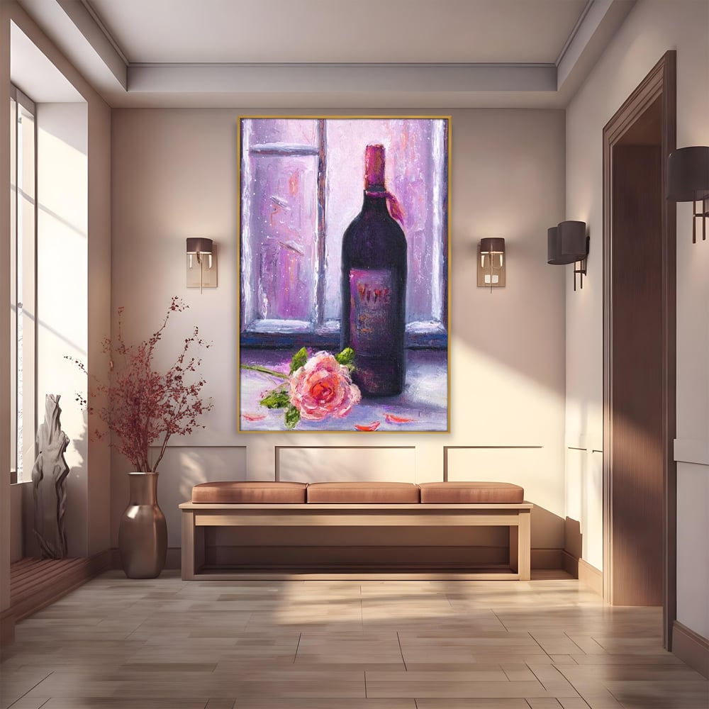 Leinwand Wandkunst Canvas Premium, LuxCanva® N1065, Ein romantischer Abend, Rose, Blume, Blütenblätter, Glas, Wein, Fenster, Fenster, Parfüm, Atmosphäre, Kneipe, Lounge, Bar, Restaurant, Küche