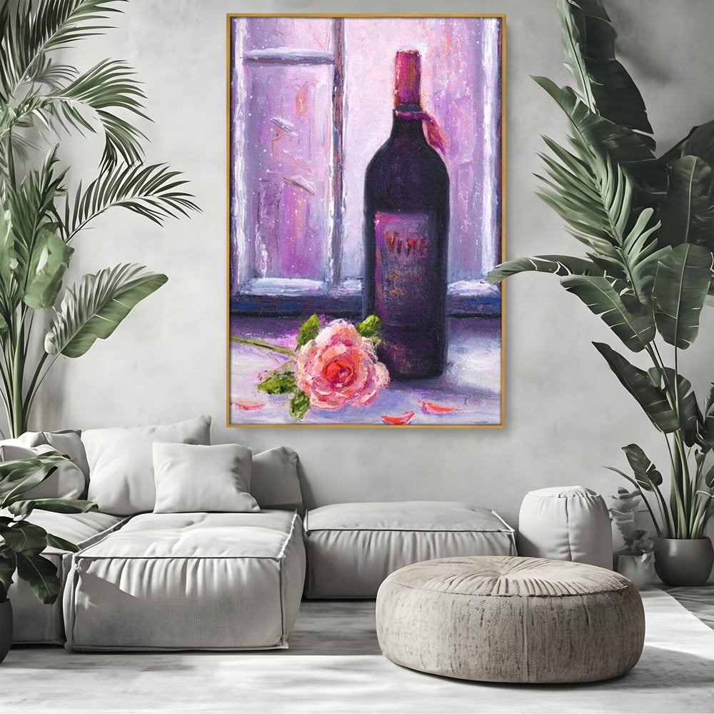 Leinwand Wandkunst Canvas Premium, LuxCanva® N1065, Ein romantischer Abend, Rose, Blume, Blütenblätter, Glas, Wein, Fenster, Fenster, Parfüm, Atmosphäre, Kneipe, Lounge, Bar, Restaurant, Küche