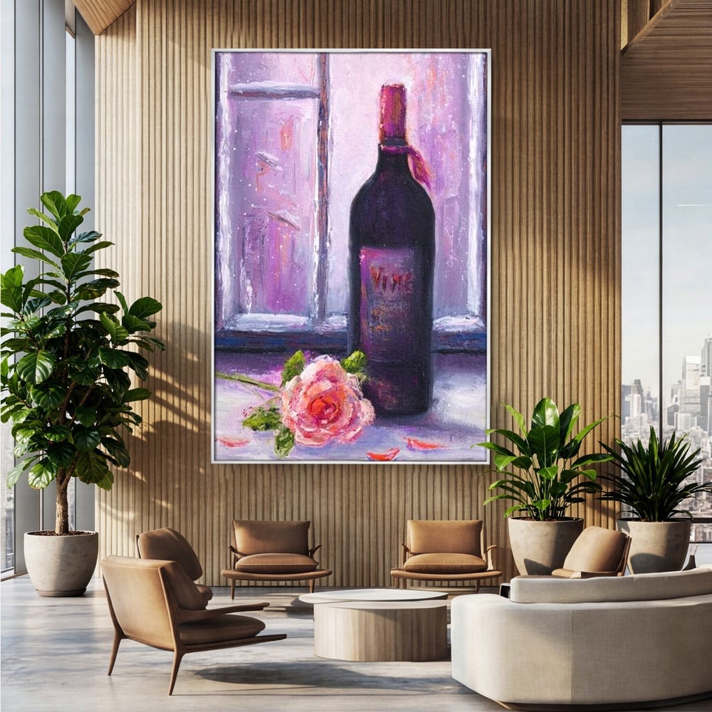 Leinwand Wandkunst Canvas Premium, LuxCanva® N1065, Ein romantischer Abend, Rose, Blume, Blütenblätter, Glas, Wein, Fenster, Fenster, Parfüm, Atmosphäre, Kneipe, Lounge, Bar, Restaurant, Küche