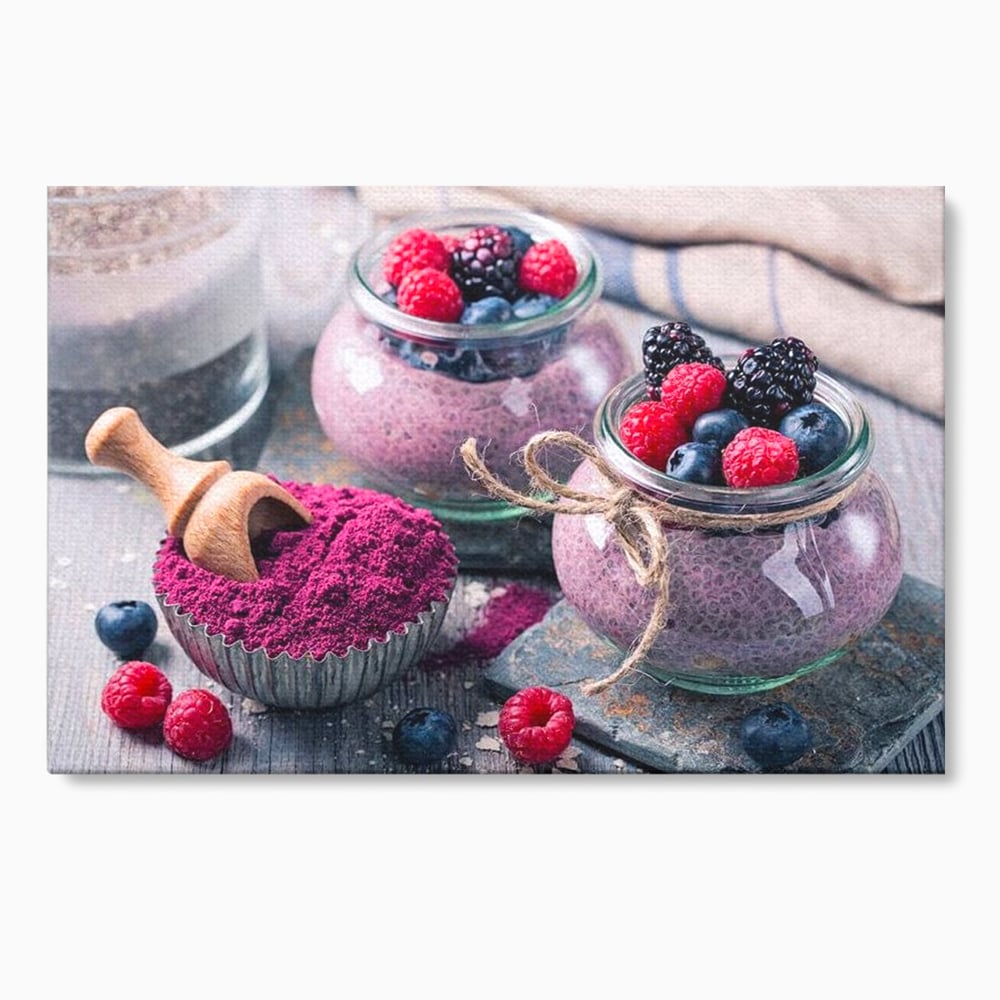 Premium-Leinwandbilder, LuxCanva® N1066, Beerengenuss, Dessert, Früchte, Samen, Chia, Himbeere, Heidelbeere, Brombeere, süß, gesund, natürlich, Restaurant, Küche