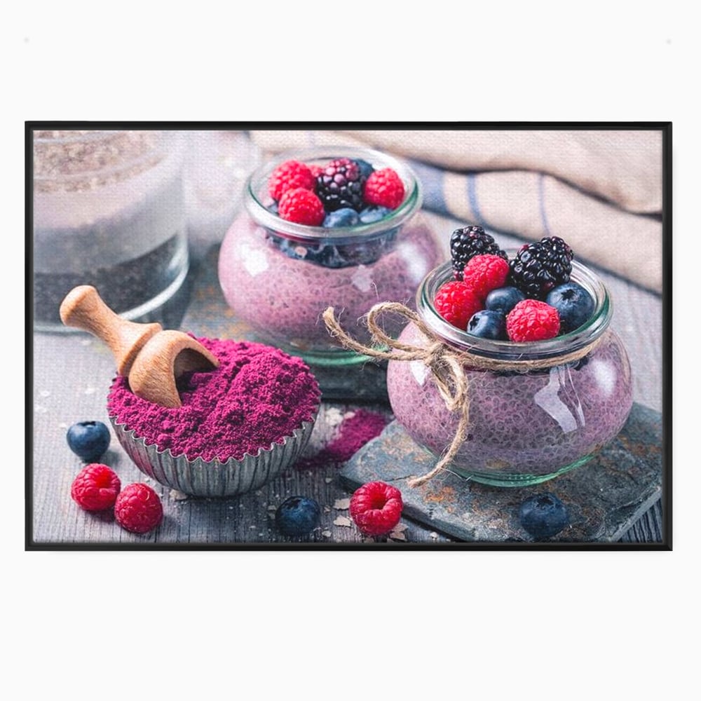 Premium-Leinwandbilder, LuxCanva® N1066, Beerengenuss, Dessert, Früchte, Samen, Chia, Himbeere, Heidelbeere, Brombeere, süß, gesund, natürlich, Restaurant, Küche
